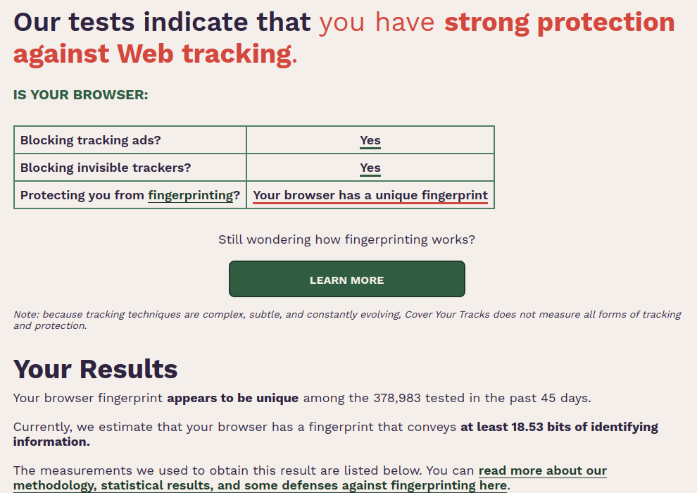 Cover Your Tracks con Firefox